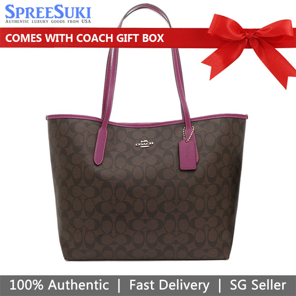 Coach Handbag Tote Shoulder Bag City Tote In Signature Canvas Brown Dark Magenta # 5696