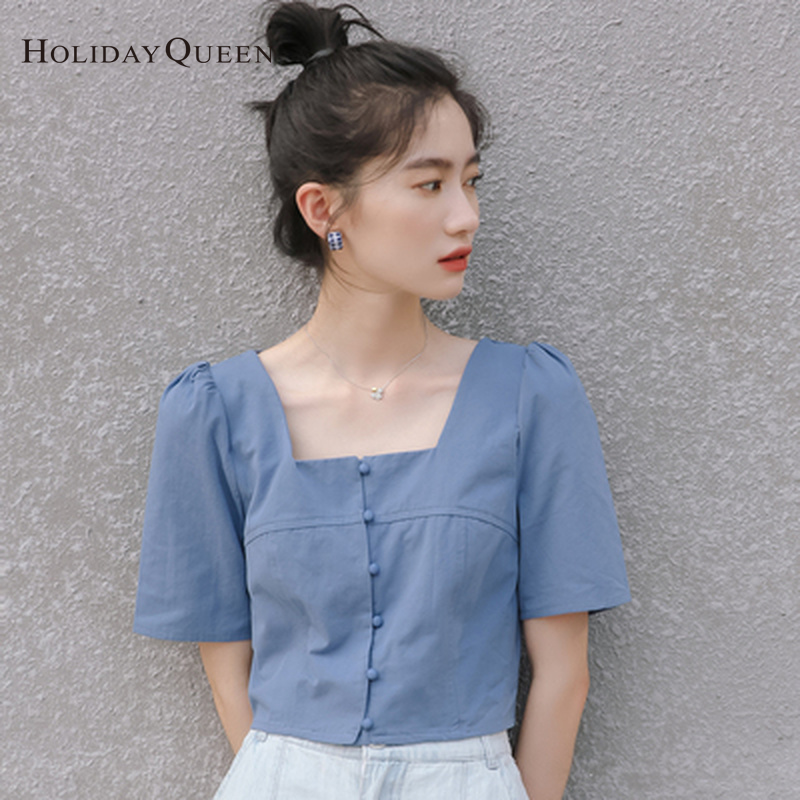 HolidayQueen  Summer New Design Short Puff Sleeve Single-breasted Women's Fashion Square Collar Leaky Clavicle Shirt Top Free Shipping HQT0109