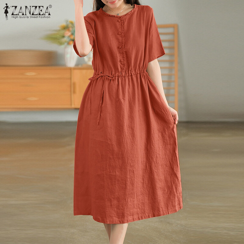 ZANZEA Korean Style Women Short Sleeve A Line Long Dress Cotton Linen Plain Oversized Swing Dresses #8